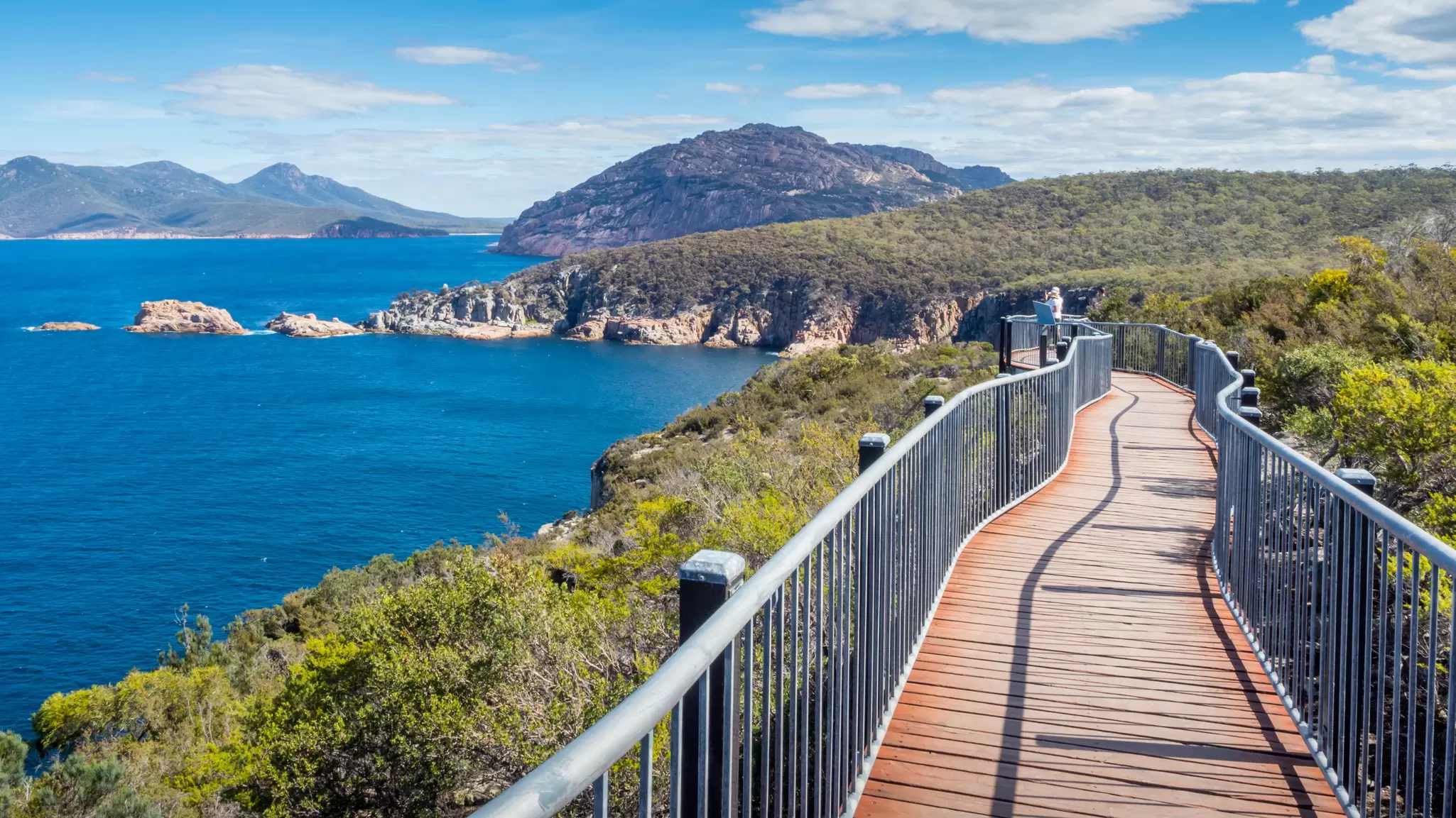 View of the walkway along Cape Tourville Walk in Freycinet National Park in Tasmania, Australia.  