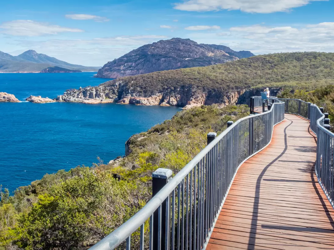 View of the walkway along Cape Tourville Walk in Freycinet National Park in Tasmania, Australia.  