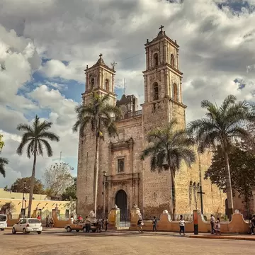 A historic stone church with two towers sits on a city square. A row of palm trees is in front of the church.