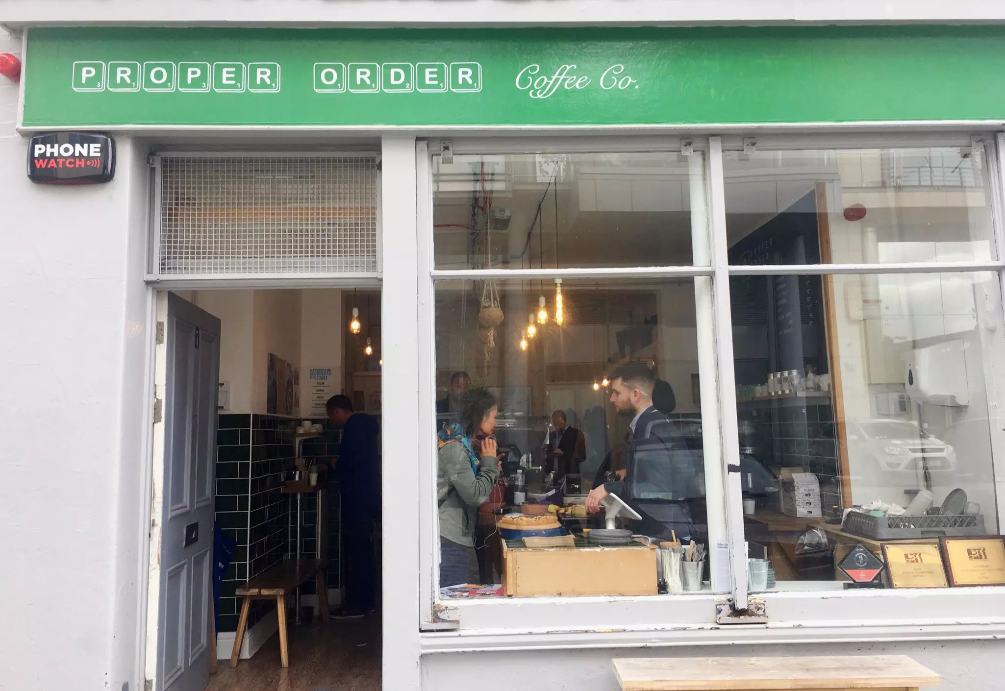 The Scrabble-inspired entrance to Proper Order Coffee in Smithfield, Dublin.