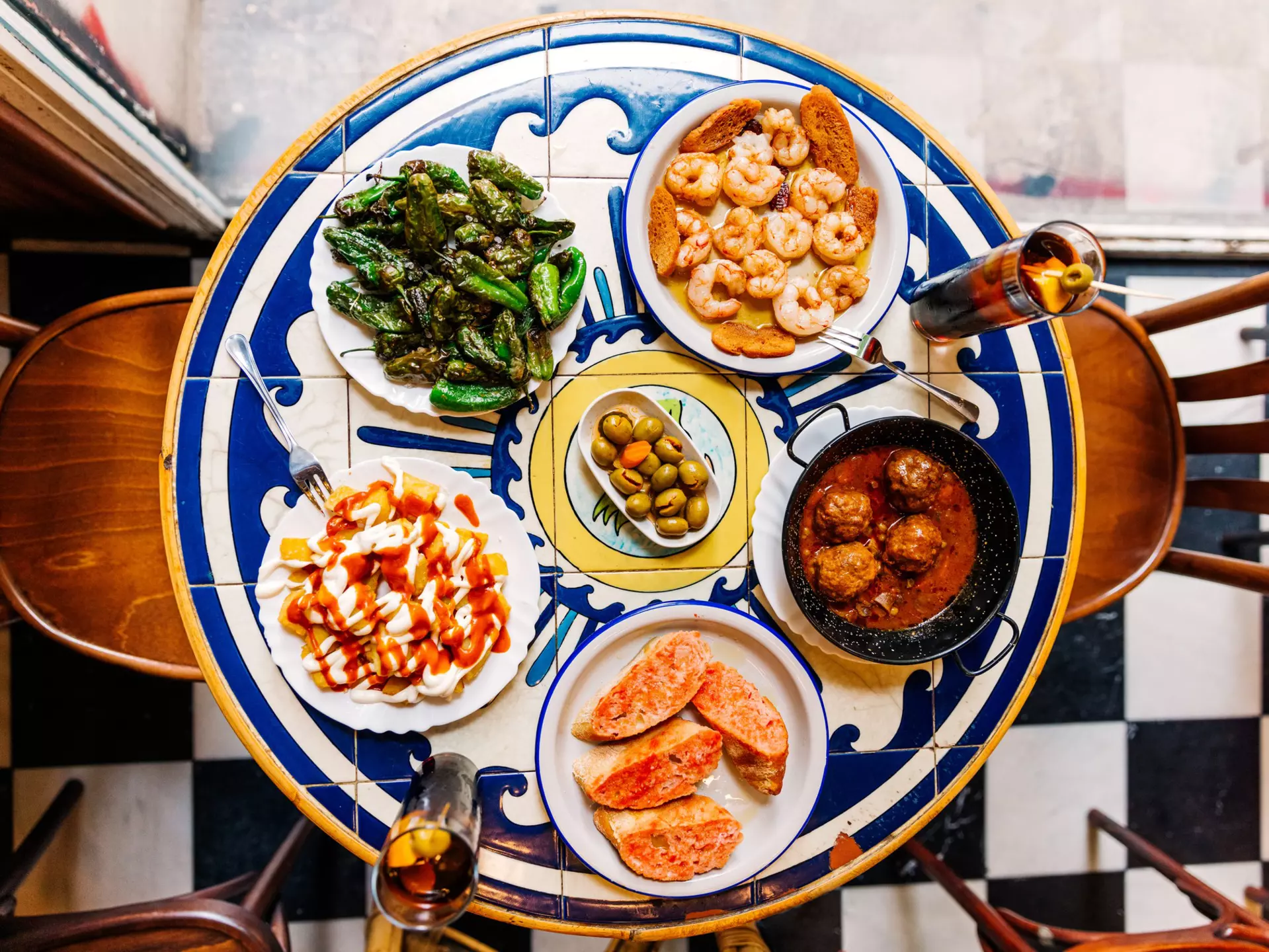 Various tapas served in a tapas bar, directly above view