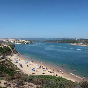 Aerial view of Praia da Franquia in Vila Nova de Milfontes, Portugal.