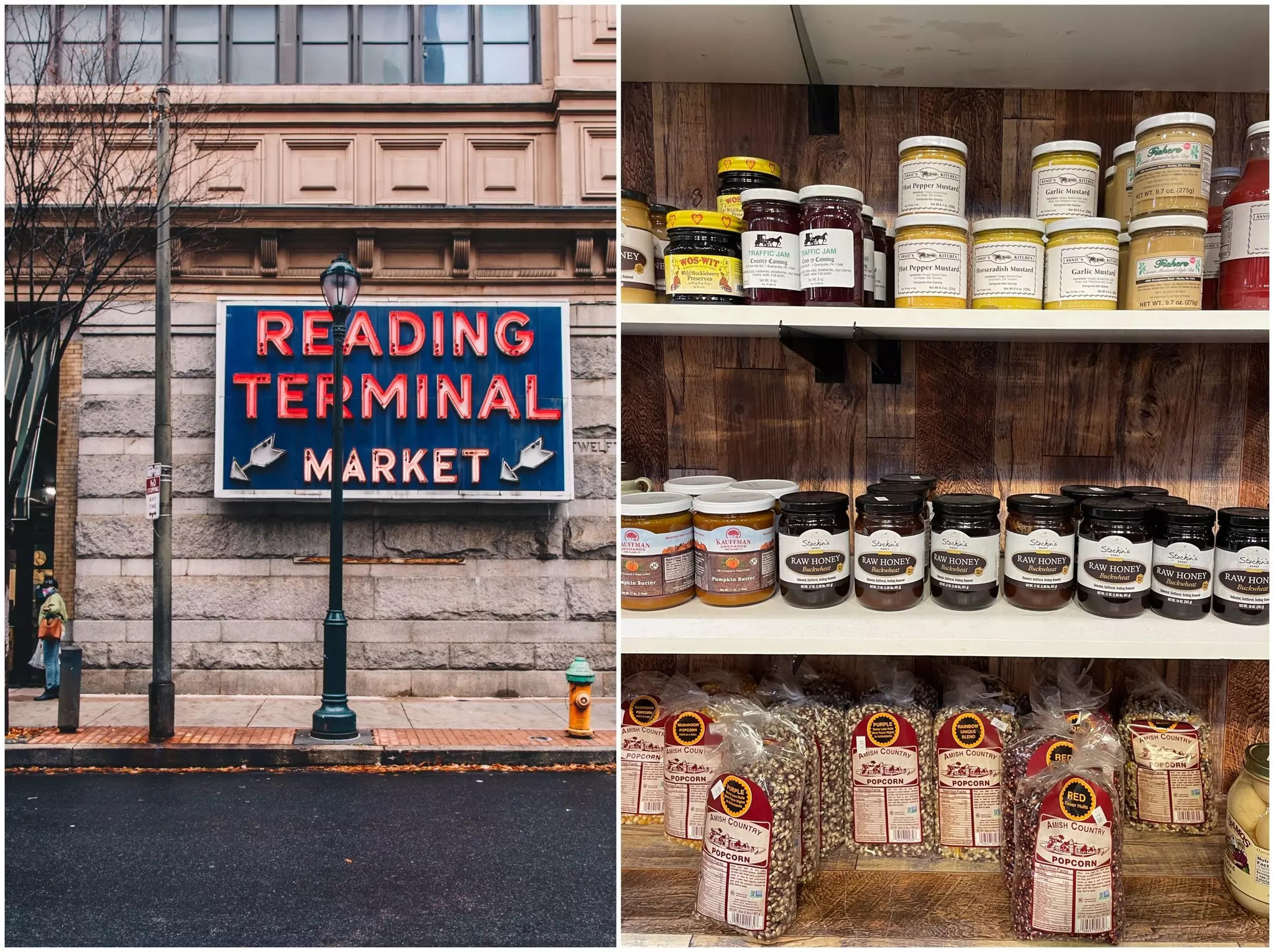 The Reading Terminal Market sign in Philadelphia, and shelves with jars and bread.