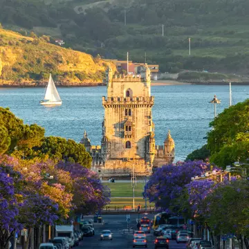 Cars traveling on a street leading to a tower on a shore. Trees with blooming purple flowers line the street. A sailboat is visible on the water.