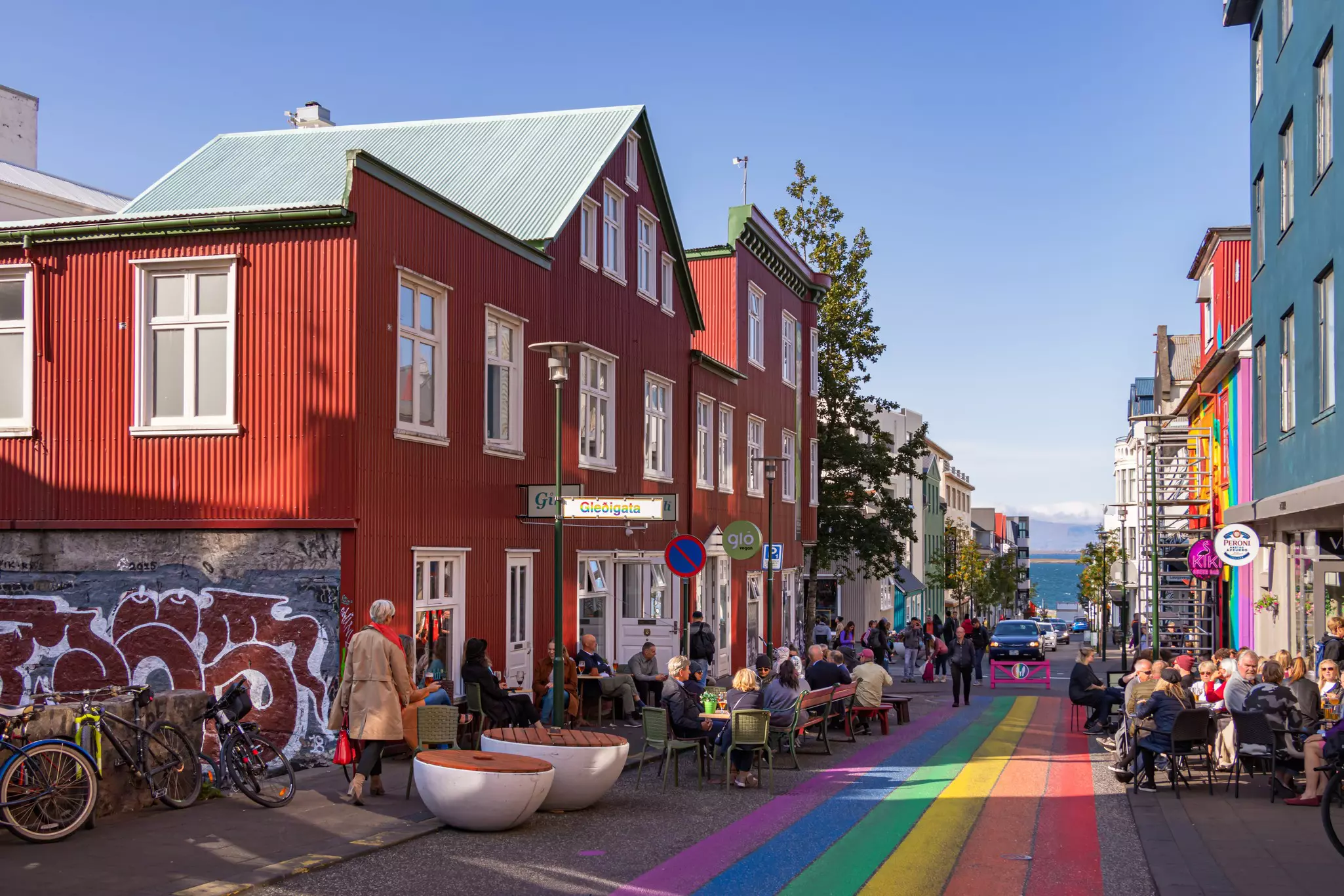 A colorful street scene on Klapparstigur in Reykjavík, Iceland.