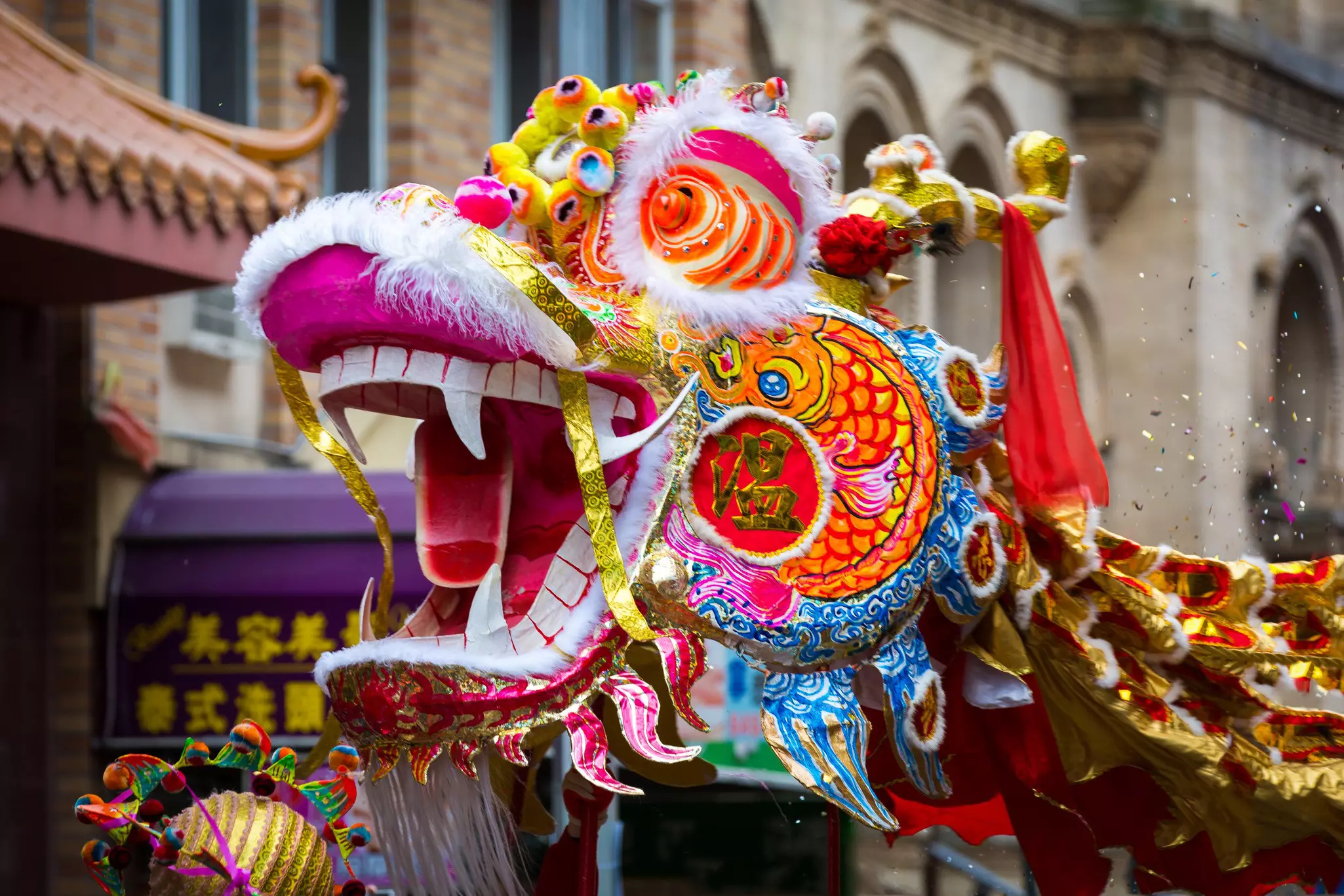 A dragon puppet as part of the Chinese New Year parade in Chinatown