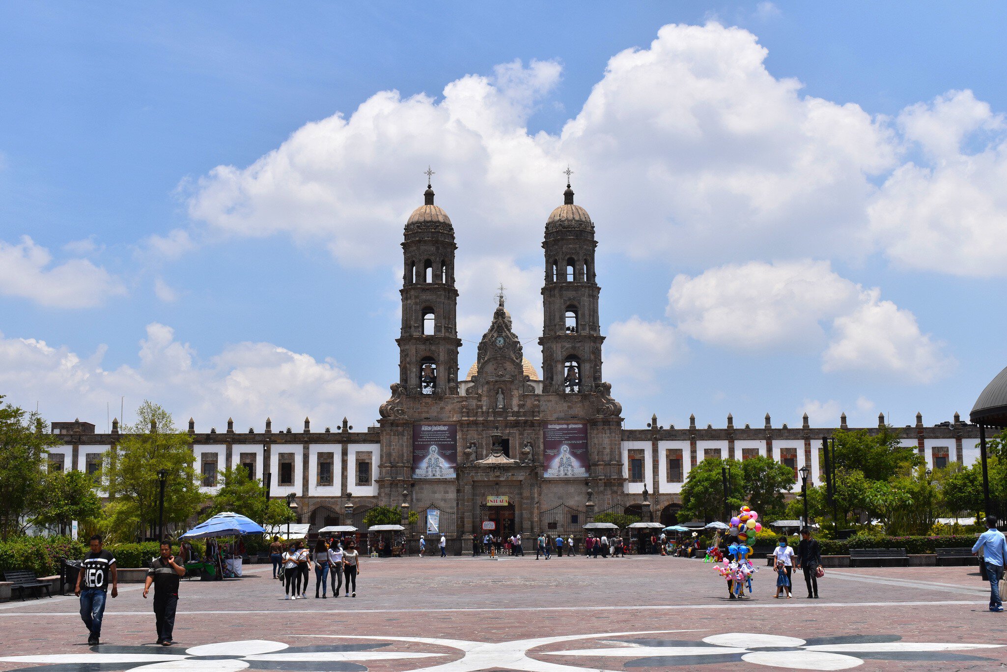 Zapopan, Mexico - July 5 2020: Wide front view of the Zapopan basilica, with some clouds in the sky