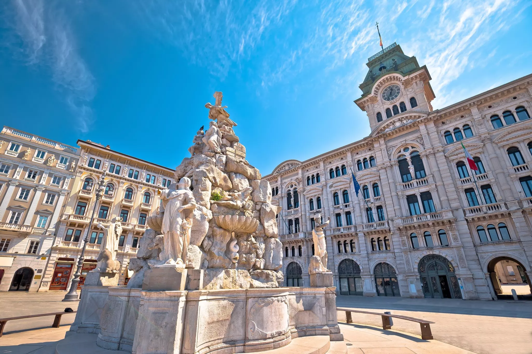 Sunlit view of Trieste city hall on Piazza Unita d'Italia, Friuli Venezia Giulia region of Italy.