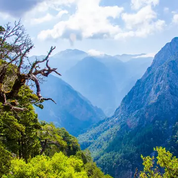 A view of a canyon on a sunny day, with hazy views of the mountain slopes beyond.