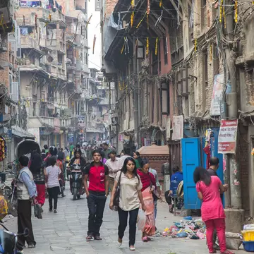 People crowd the street in the Asan Tole market region of Kathmandu.