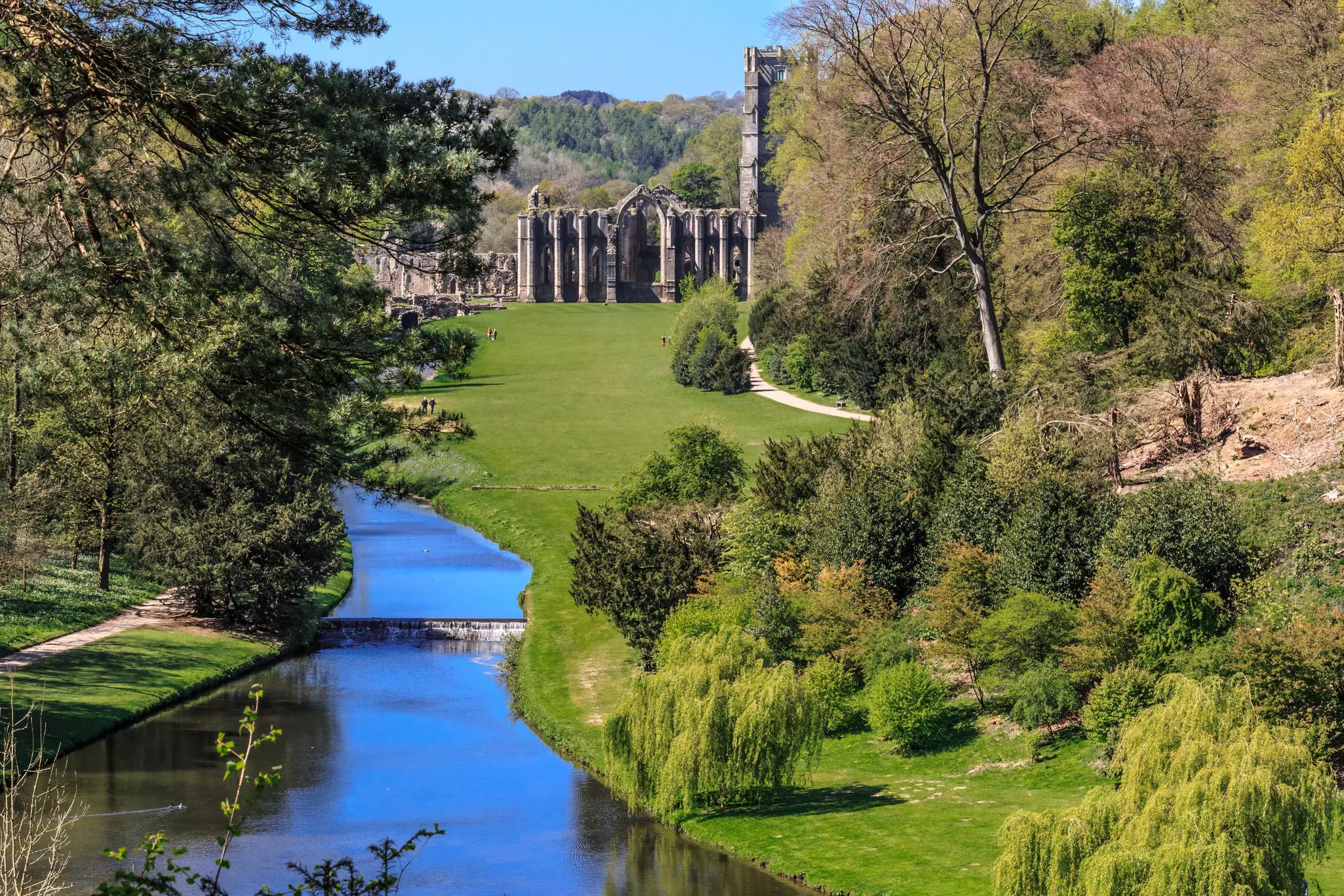 A view of the ruins of Fountains Abbey near Ripon on the edge of the Yorkshire Dales, England.