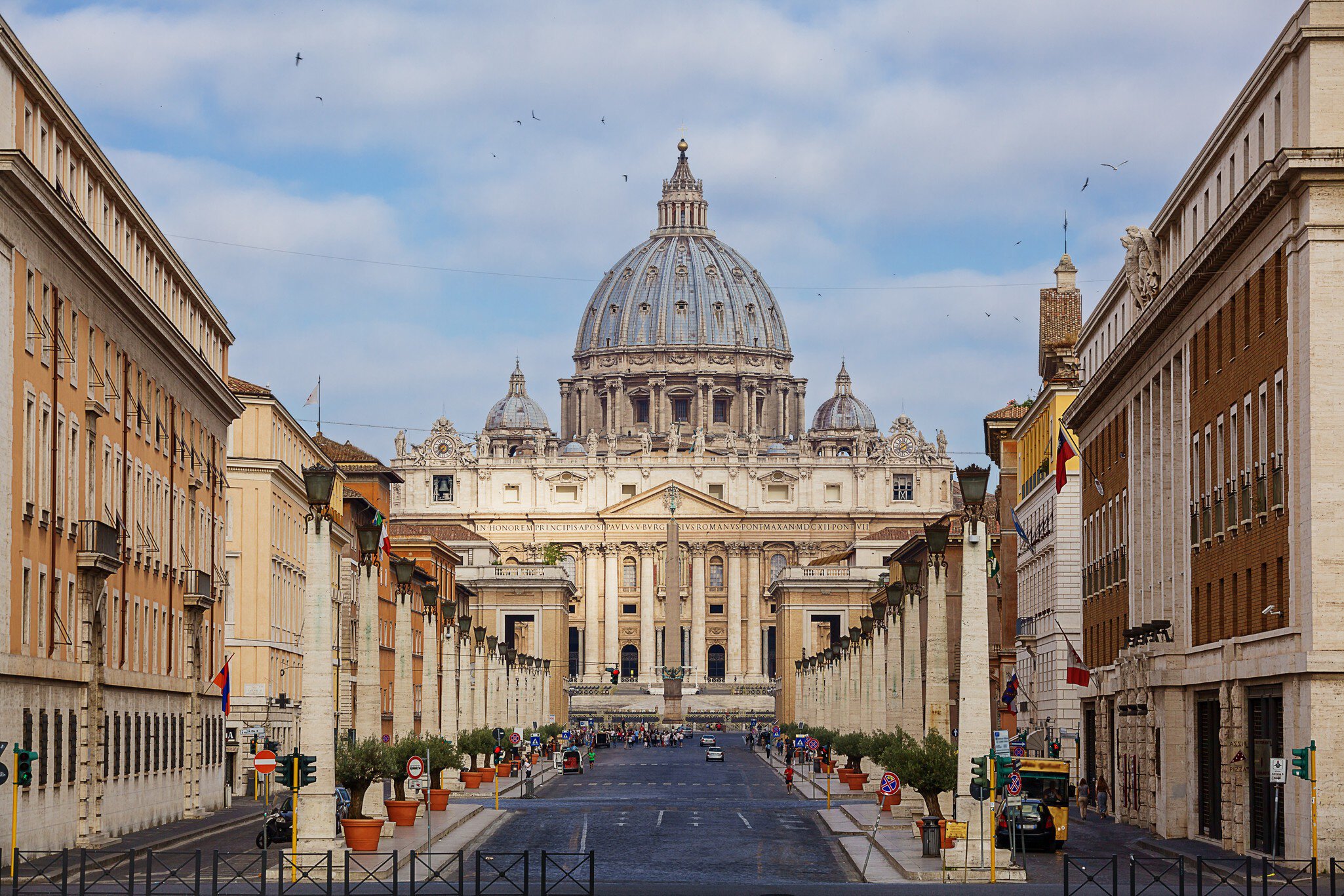 The view of St Peter's Square and St Peter's Basilica from Via della Conciliazione in Rome, Italy.