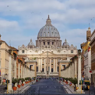 The view of St Peter's Square and St Peter's Basilica from Via della Conciliazione in Rome, Italy.