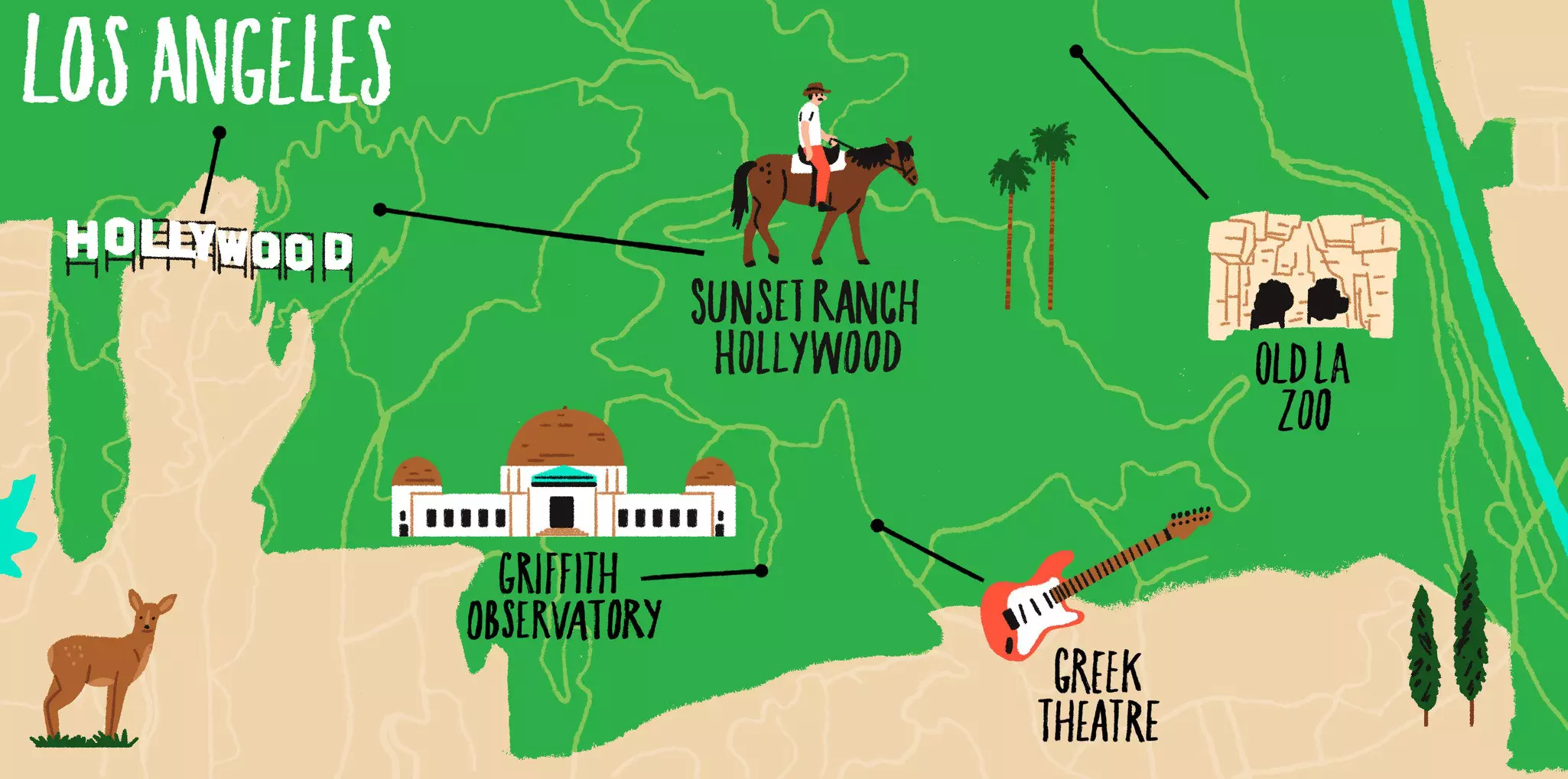 An illustrated map of Griffith Park and around in California