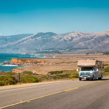 Panorama view of recreational vehicle driving on famous Highway 1 along the beautiful Central Coast of California, Big Sur, USA, License Type: media, Download Time: 2025-11-11T18:39:06.000Z, User: meg3348277, Editorial: false, purchase_order: 56530 - Guidebooks, job: Global Publishing-WIP, client: Lonely Planet 'Journey - Pacific Coast Highway 1', other: Megan Cassidy