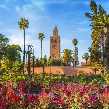 View of Koutoubia Mosque and gardem in Marrakesh, Morocco