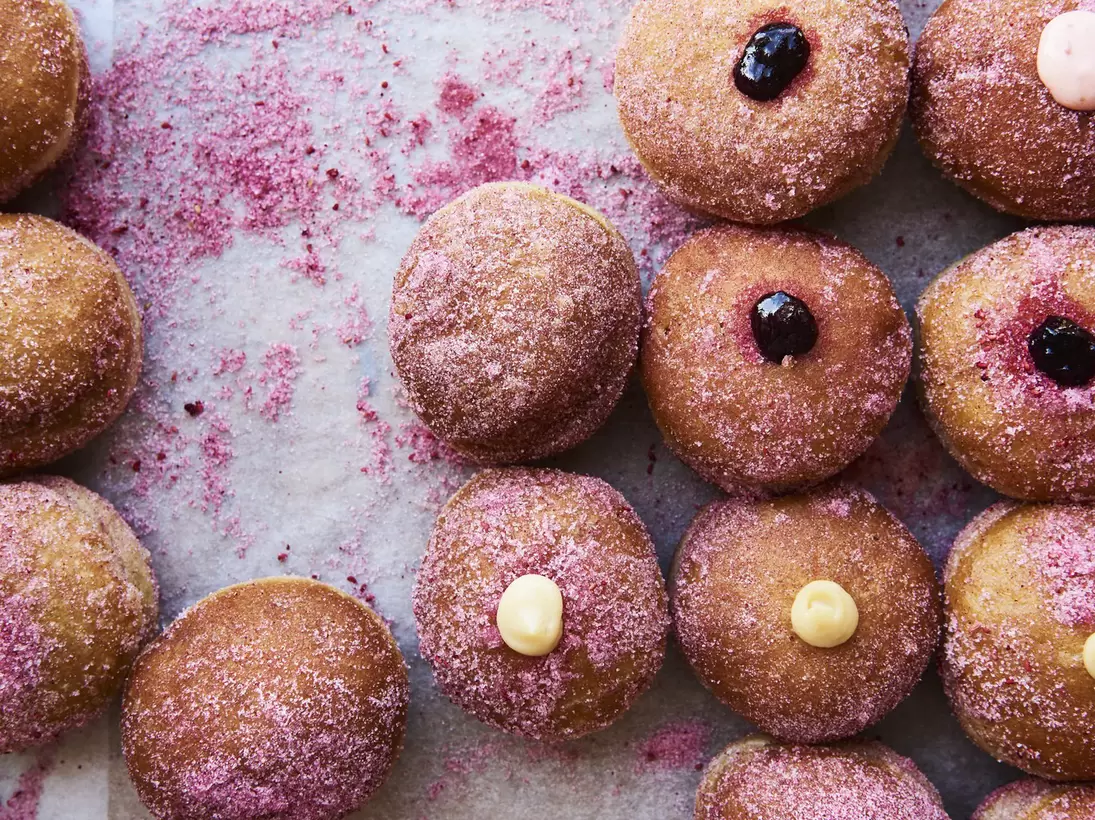 Raspberry sugar berliners, aka doughnuts, from Lille Bakery in Refshaleøen. Copenhagen, Denmark.