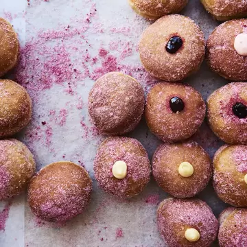 Raspberry sugar berliners, aka doughnuts, from Lille Bakery in Refshaleøen. Copenhagen, Denmark.