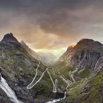 Trollstigen, Norway, Sunset over the Trollstigen valley road