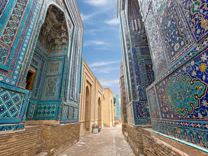 Historical necropolis and mausoleums of Shakhi Zinda, Samarkand, Uzbekistan.  