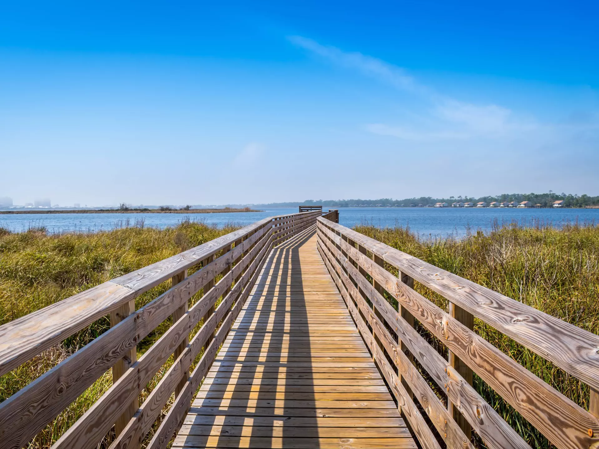 A very long boardwalk surrounded by shrubs in Gulf Shores, Alabama in Gulf Shores, Alabama