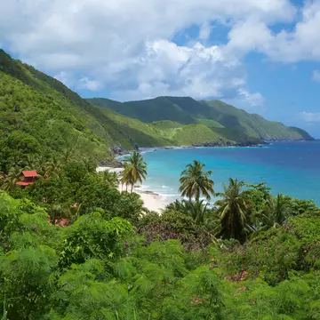 The green jungle-covered slopes of a Caribbean island meet the turquoise ocean