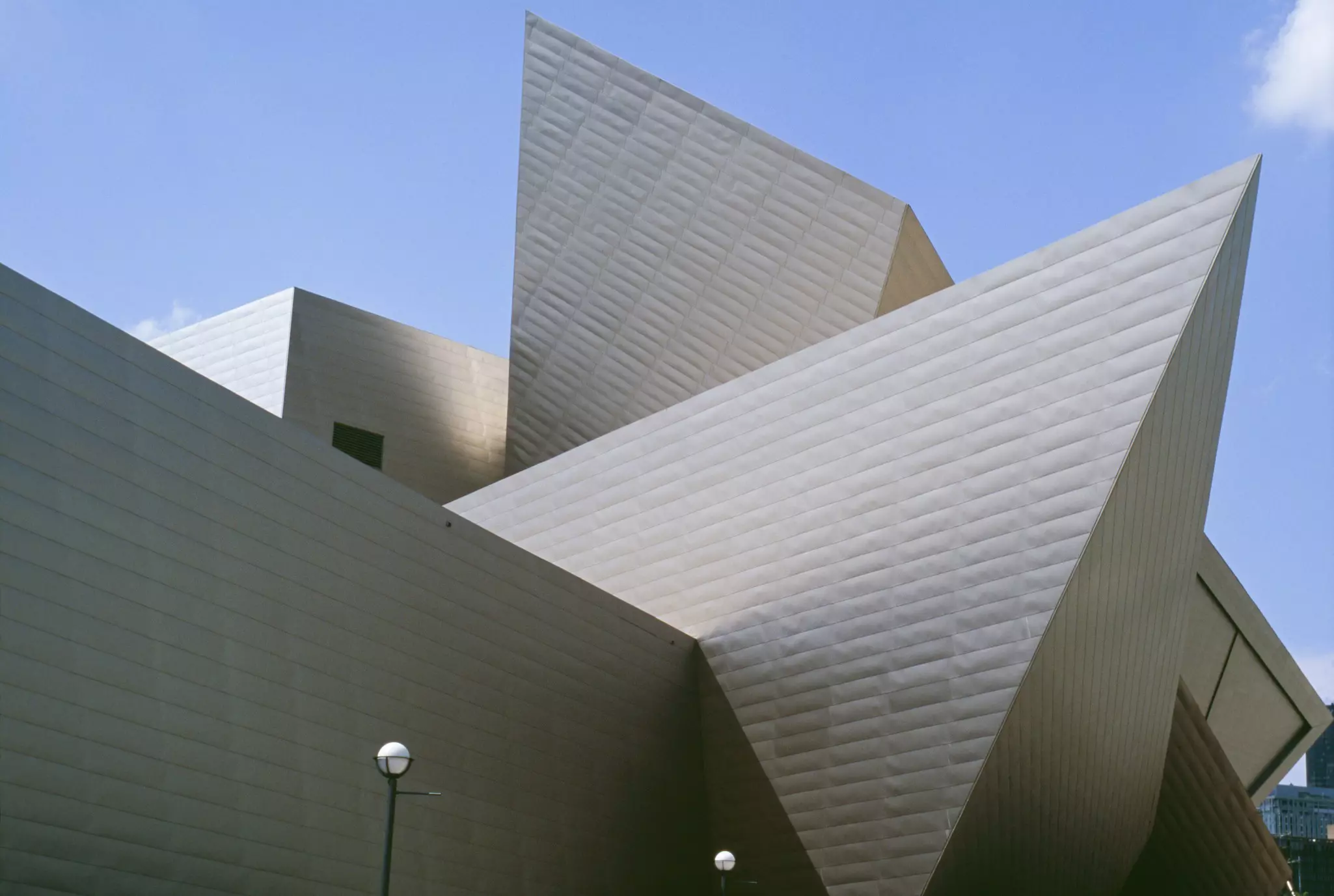 Close-up view of the textured geometric exterior of the Denver Art Museum