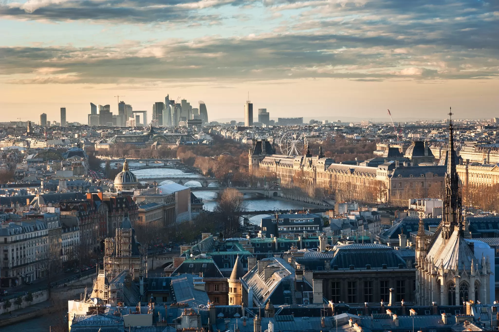 Paris skyline view from Notre-Dame in winter with bare trees