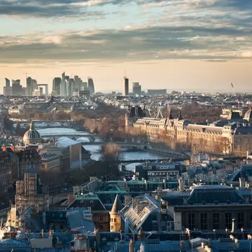 Paris skyline view from Notre-Dame in winter with bare trees