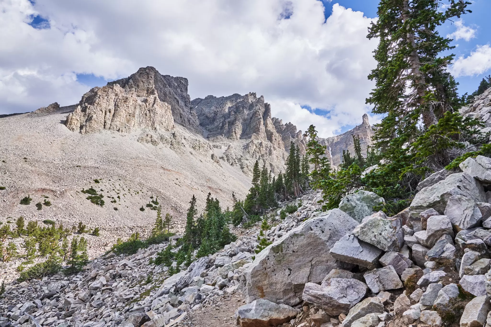 Rocky summit of Wheeler Peak rising above a boulder field and conifers under a blue sky with white clouds