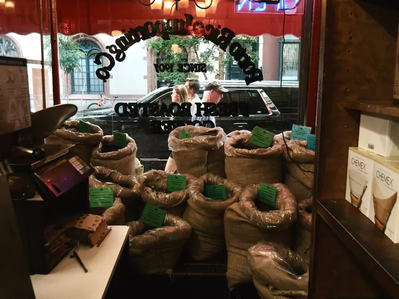 Bags of coffee beans inside Porto Rico Importing Company