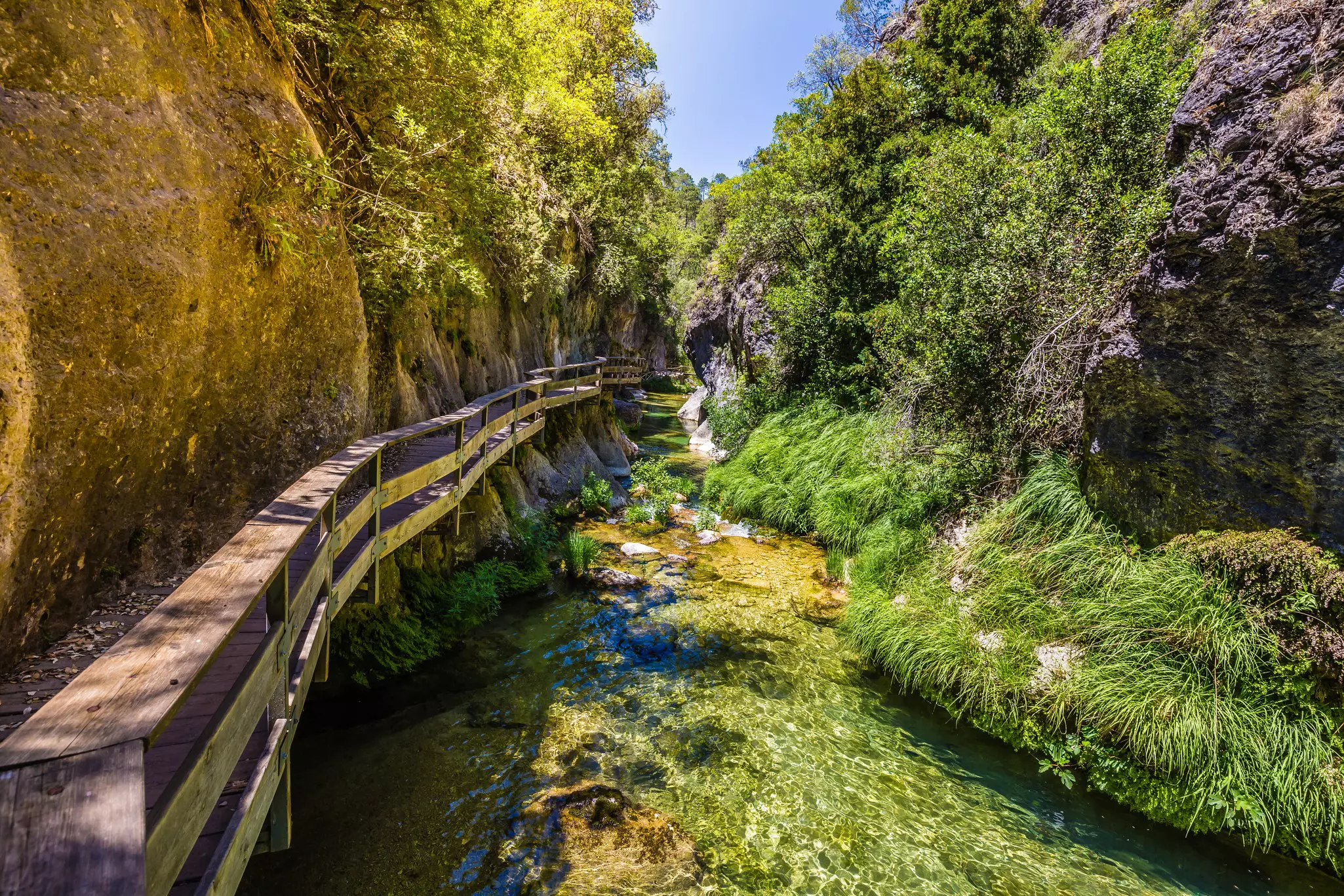 A boardwalk follows the Cerrada de Elias canyon in Andalucía, Spain.
