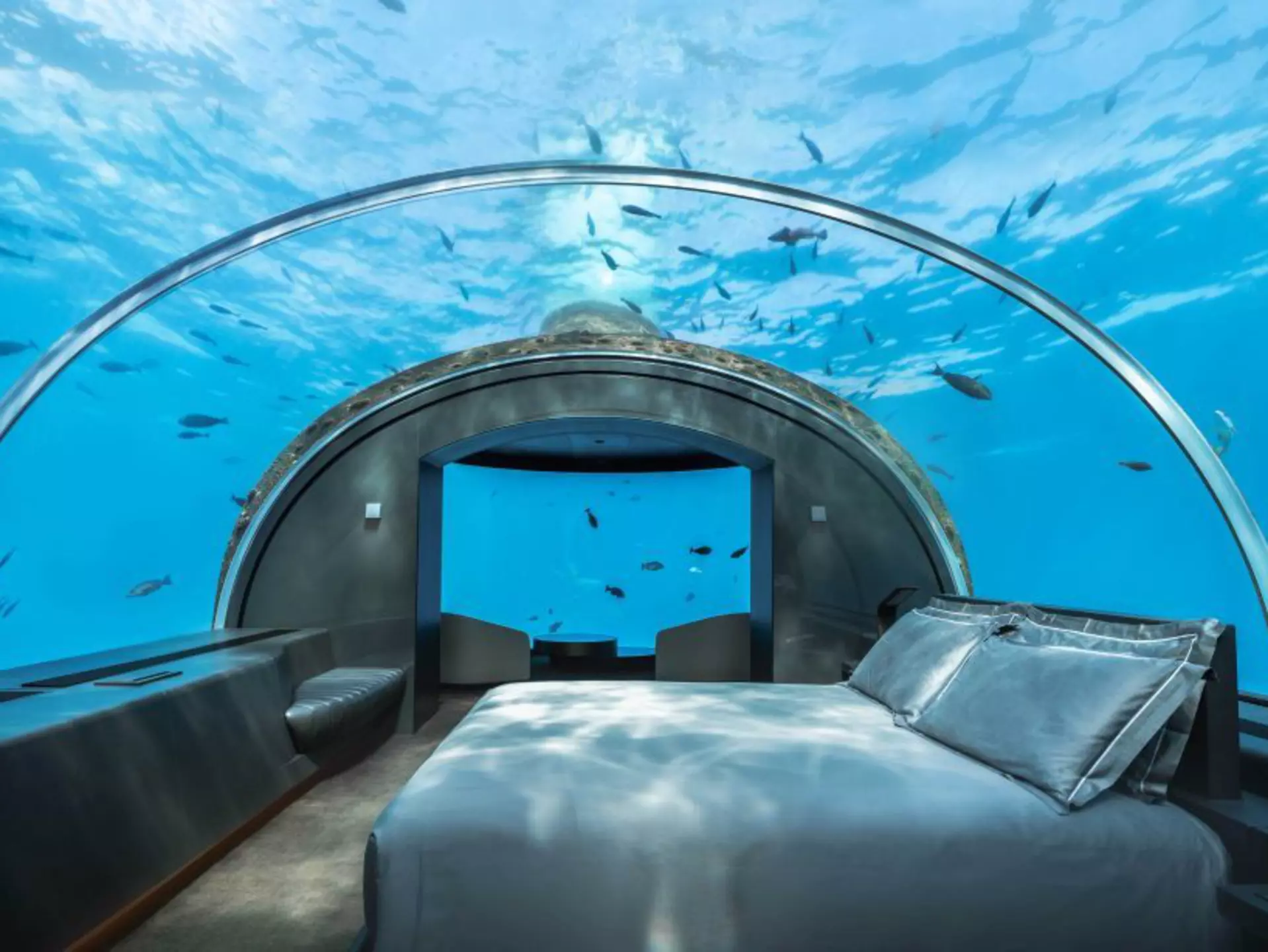 The underwater bed at the Muraka Suite at Conrad Maldives Rangali Island