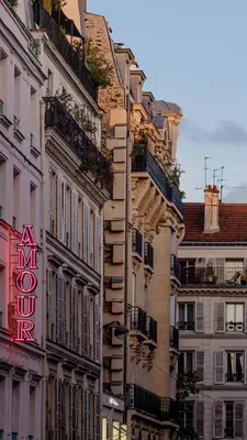 A vertical pink neon sign on a building reads "Amour."