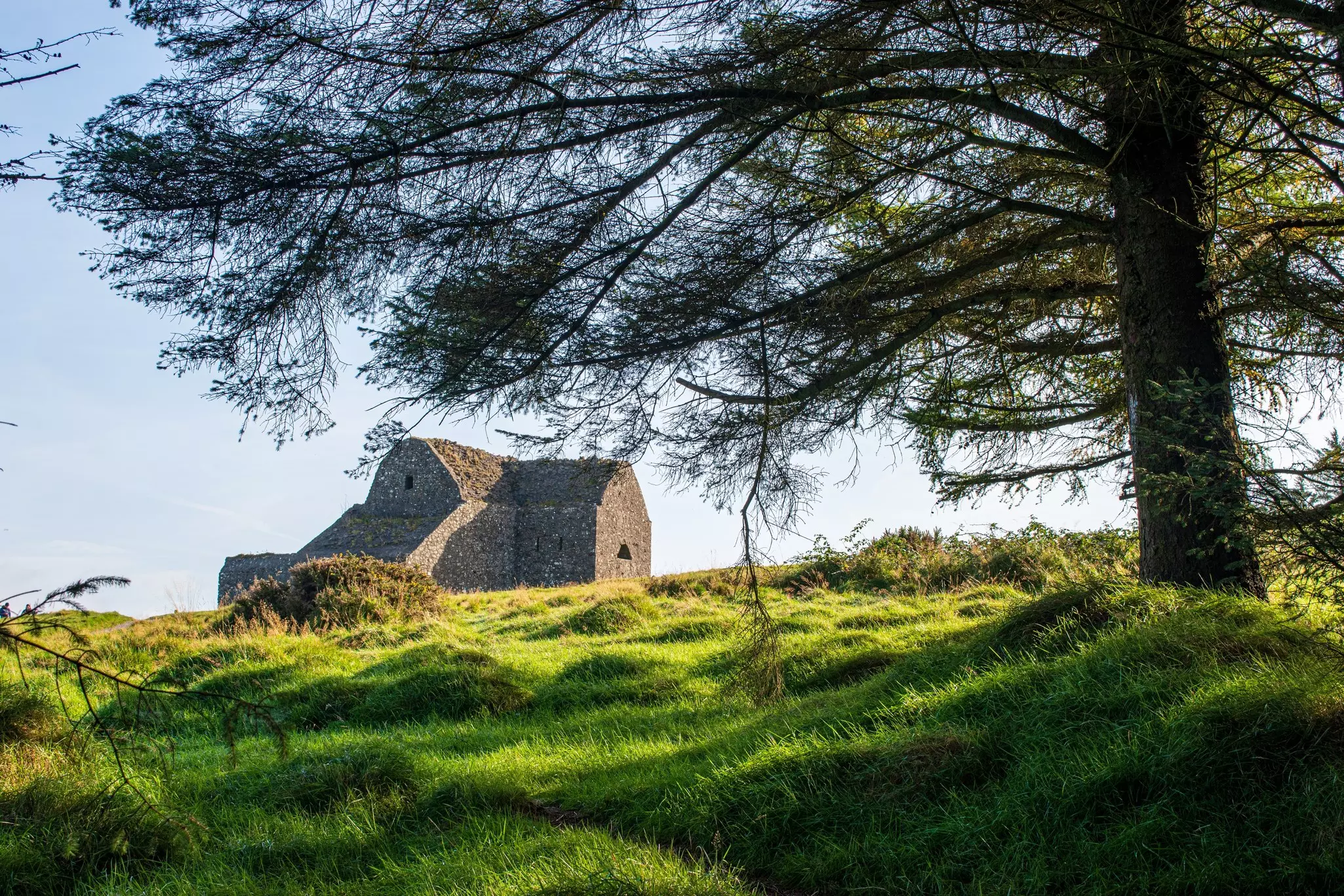 The Hellfire Club in Dublin, with grass and trees in the foreground