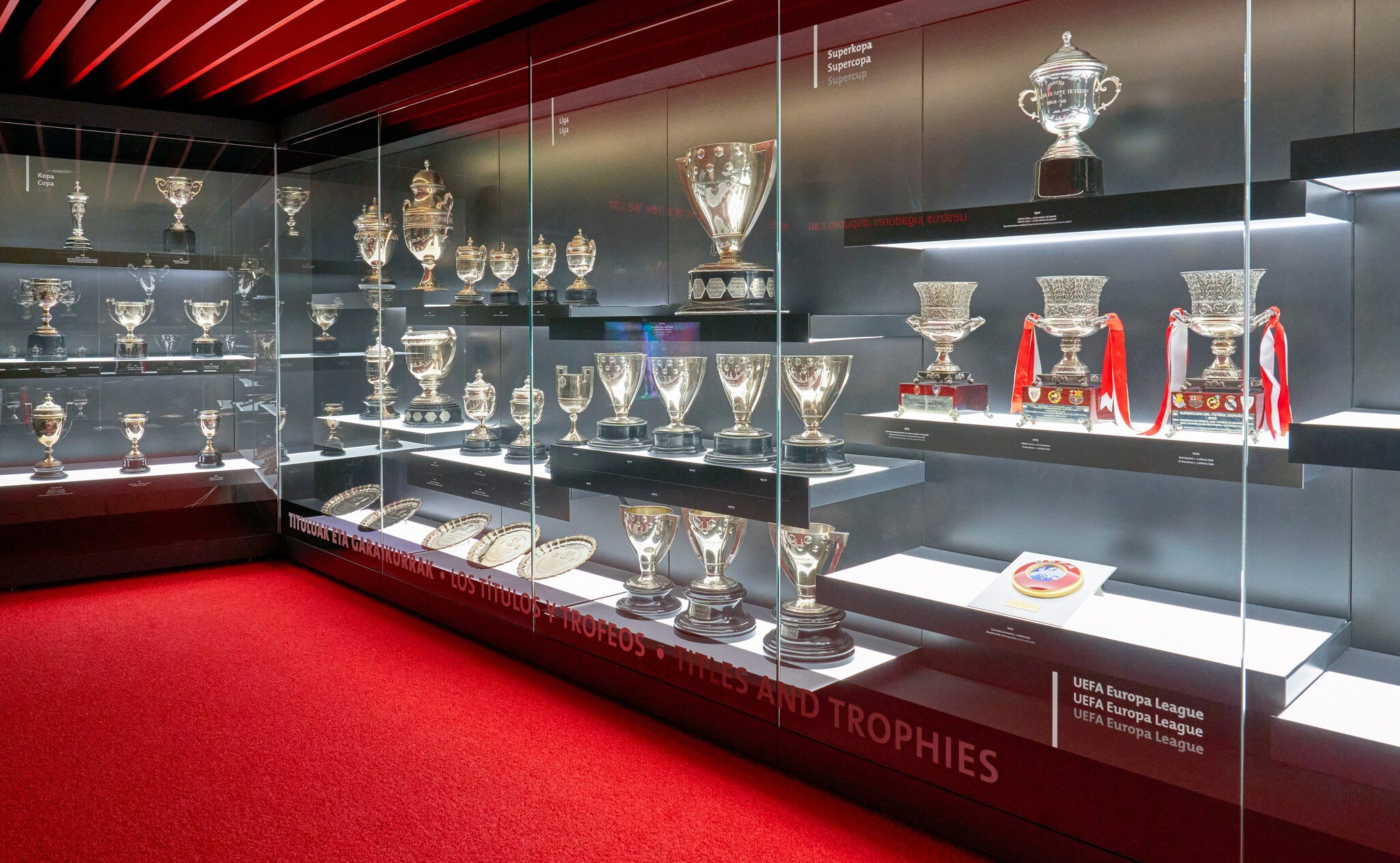Club trophies at the Museo Athletic Club at the San Mamés arena - the home ground of FC Athletic – in Bilbao, Spain.
