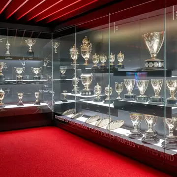 Club trophies at the Museo Athletic Club at the San Mamés arena - the home ground of FC Athletic – in Bilbao, Spain.
