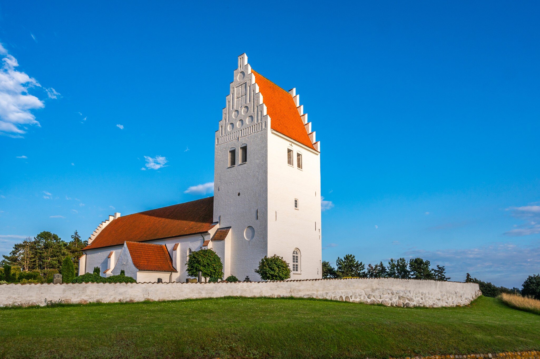 Fanefjord Church in sunset light, Møn, Denmark.