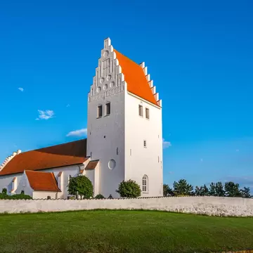 Fanefjord Church in sunset light, Møn, Denmark.