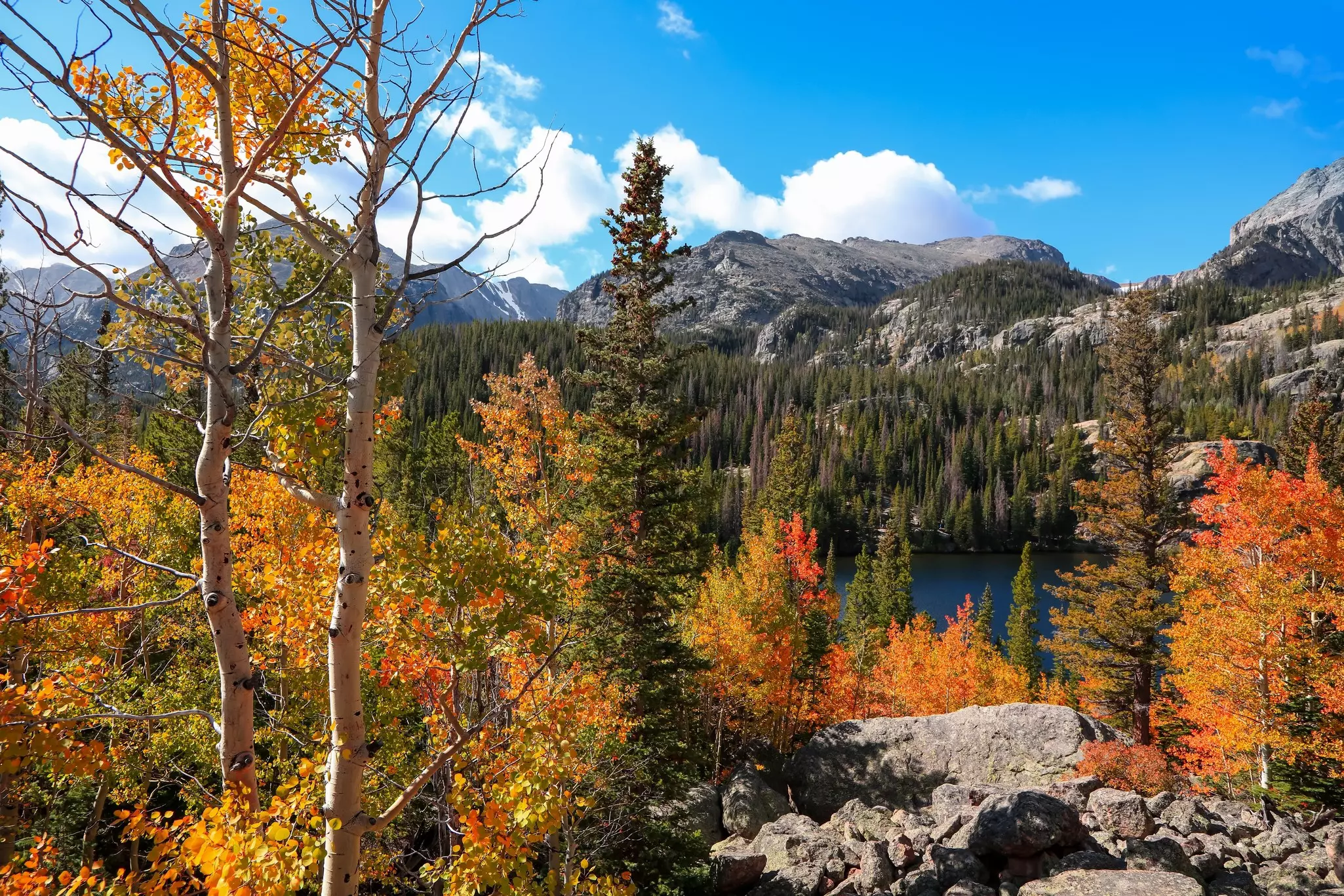 Aspen trees with yellow and orange leaves surround an alpine lake; evergreen trees on the far shore are backed by mountains.