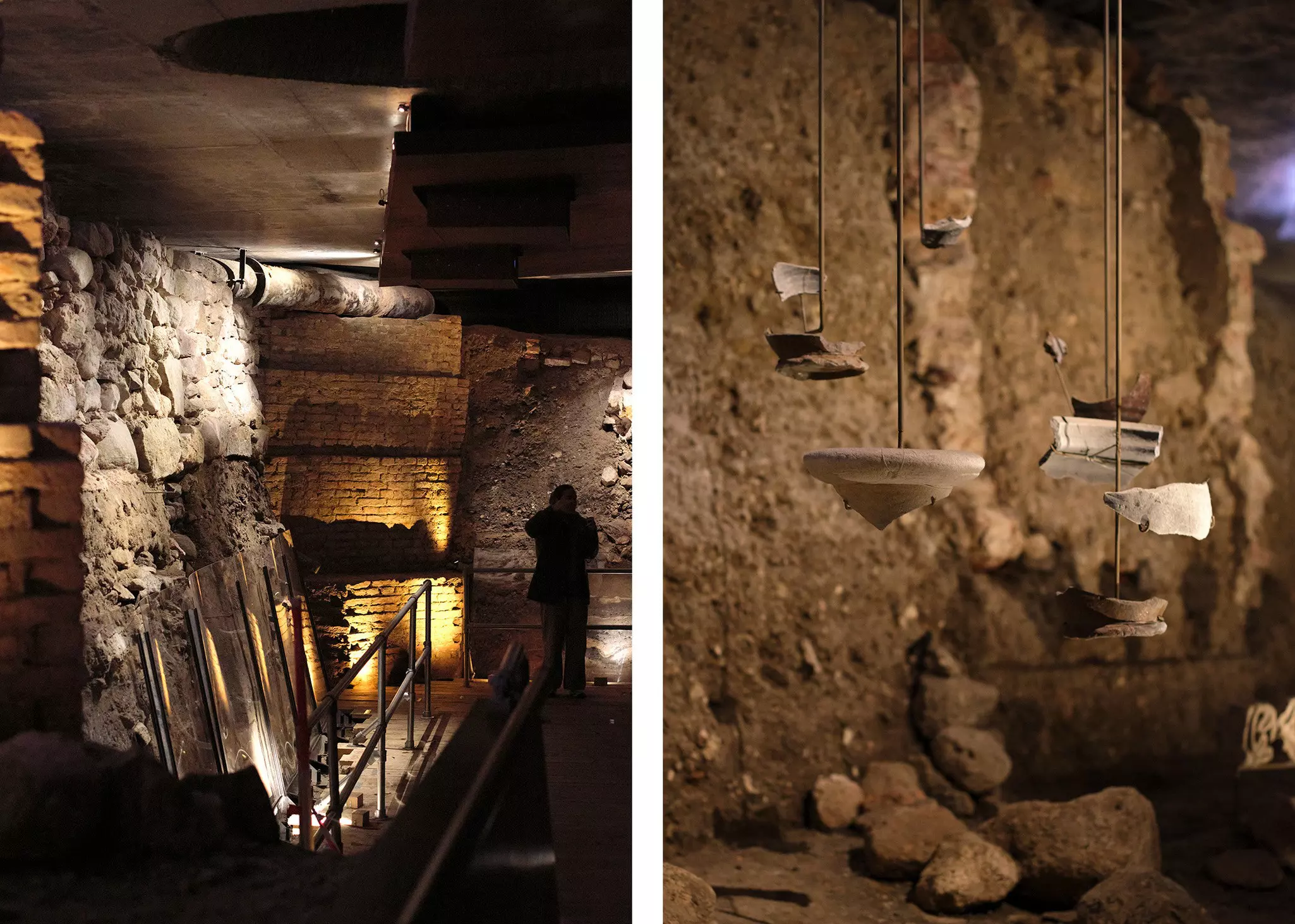 Left, a view of a underground tunnels with artifacts; right, a close up artifacts