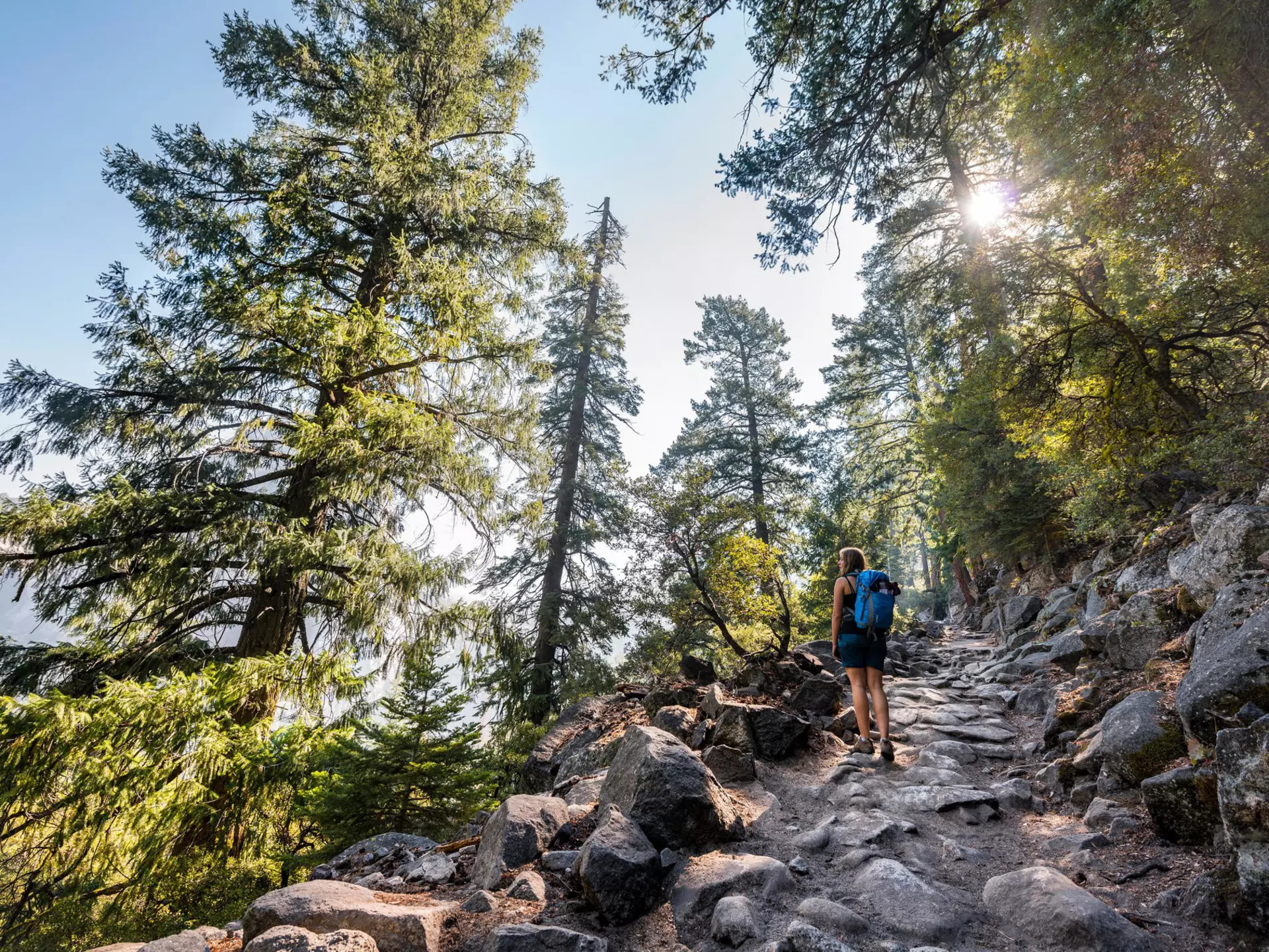 A woman hiking on a rocky trail on the John Muir Trail.
FHF3P8
hike national park outdoors person woman female hiker California USA Americas rear view forest sunshine stone backlit way nature stony nature tourism nature holidays tourism female tourist hiking trail daytime natural landmark recreational activity leisure activity active Yosemite National Park