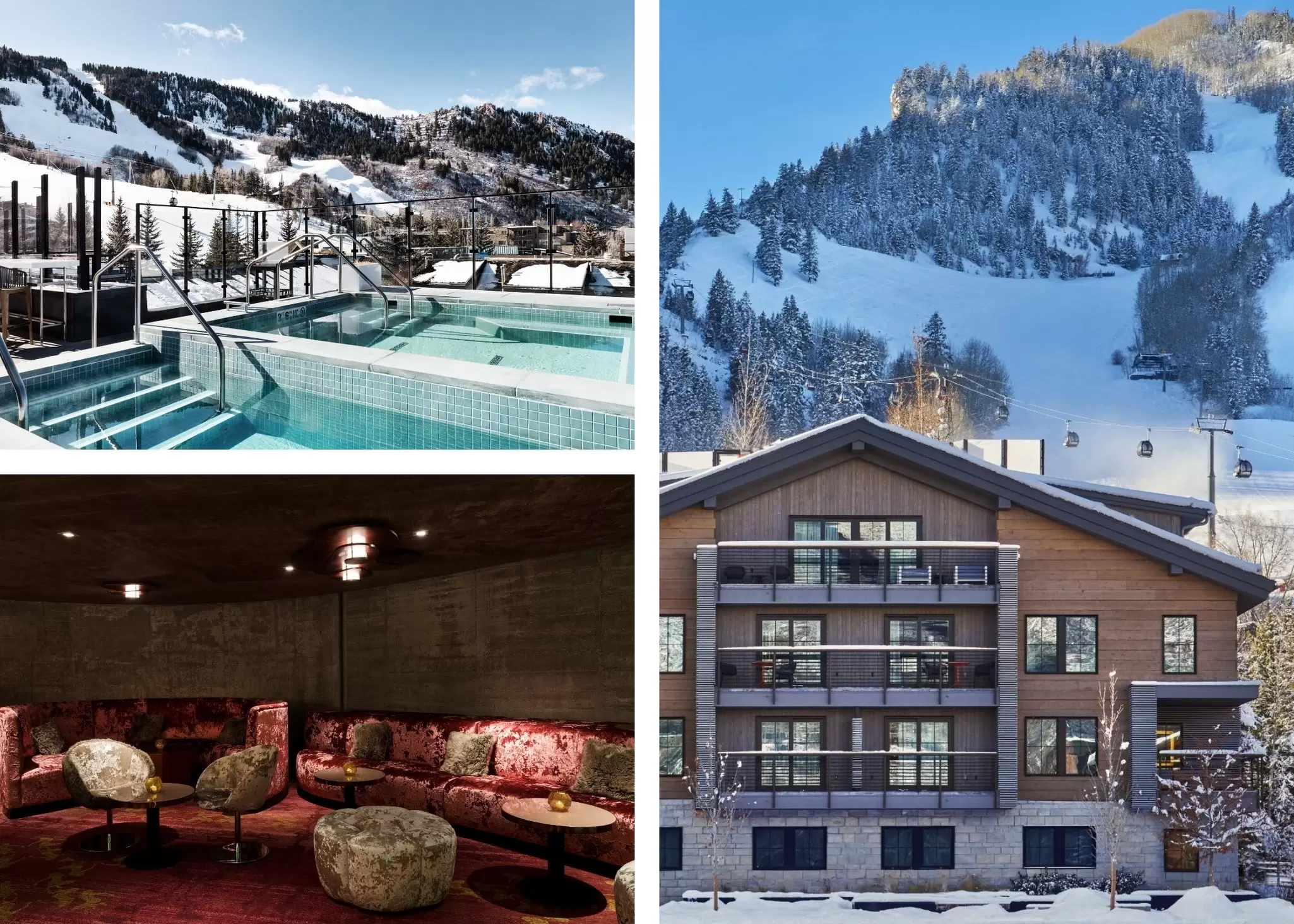 Top left: a swimming pool. Right: The exterior of a hotel building. Bottom right: A lounge area with plush furnishings. W Aspen