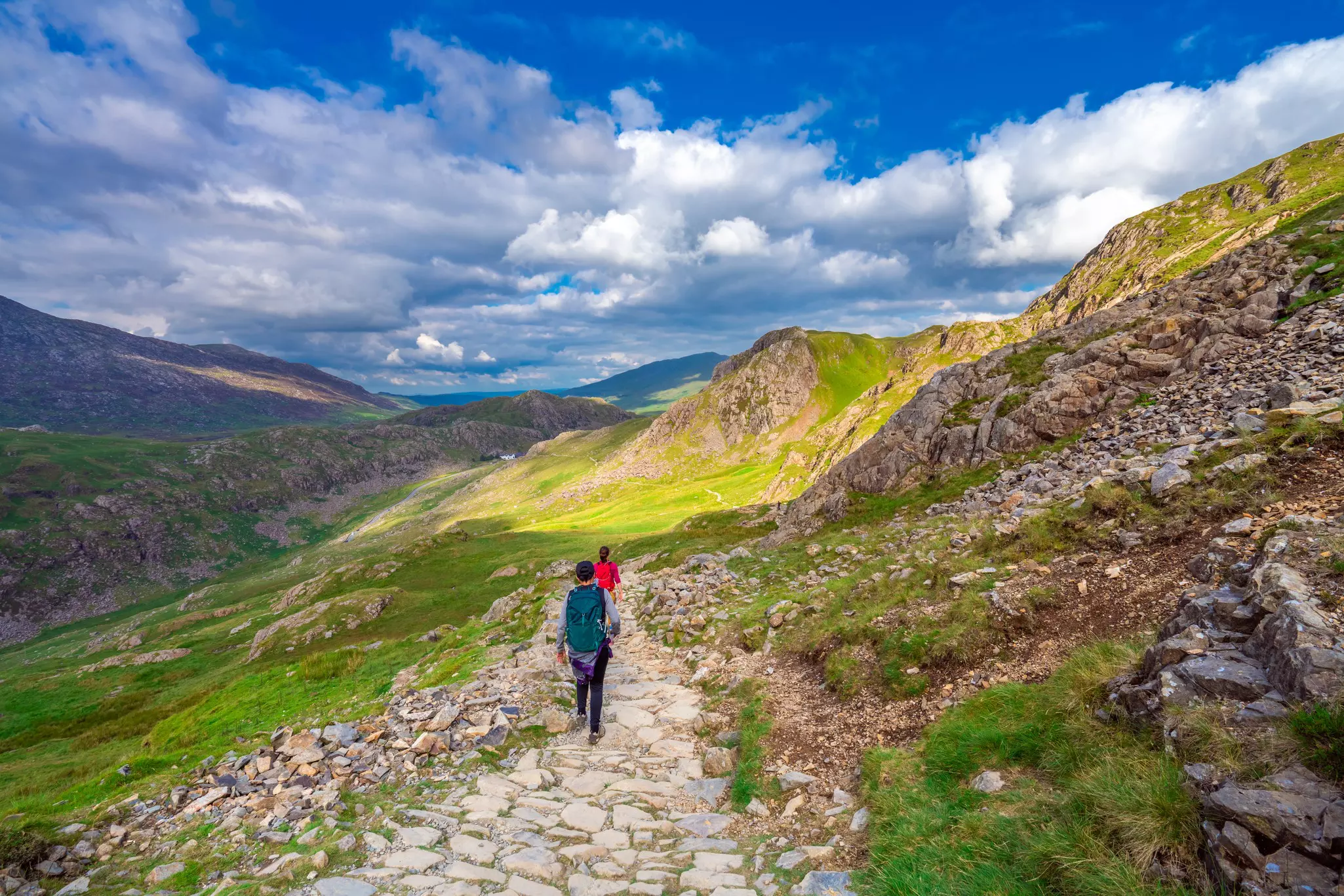 Tourists hiking in Snowdonia (Eryri), North Wales.