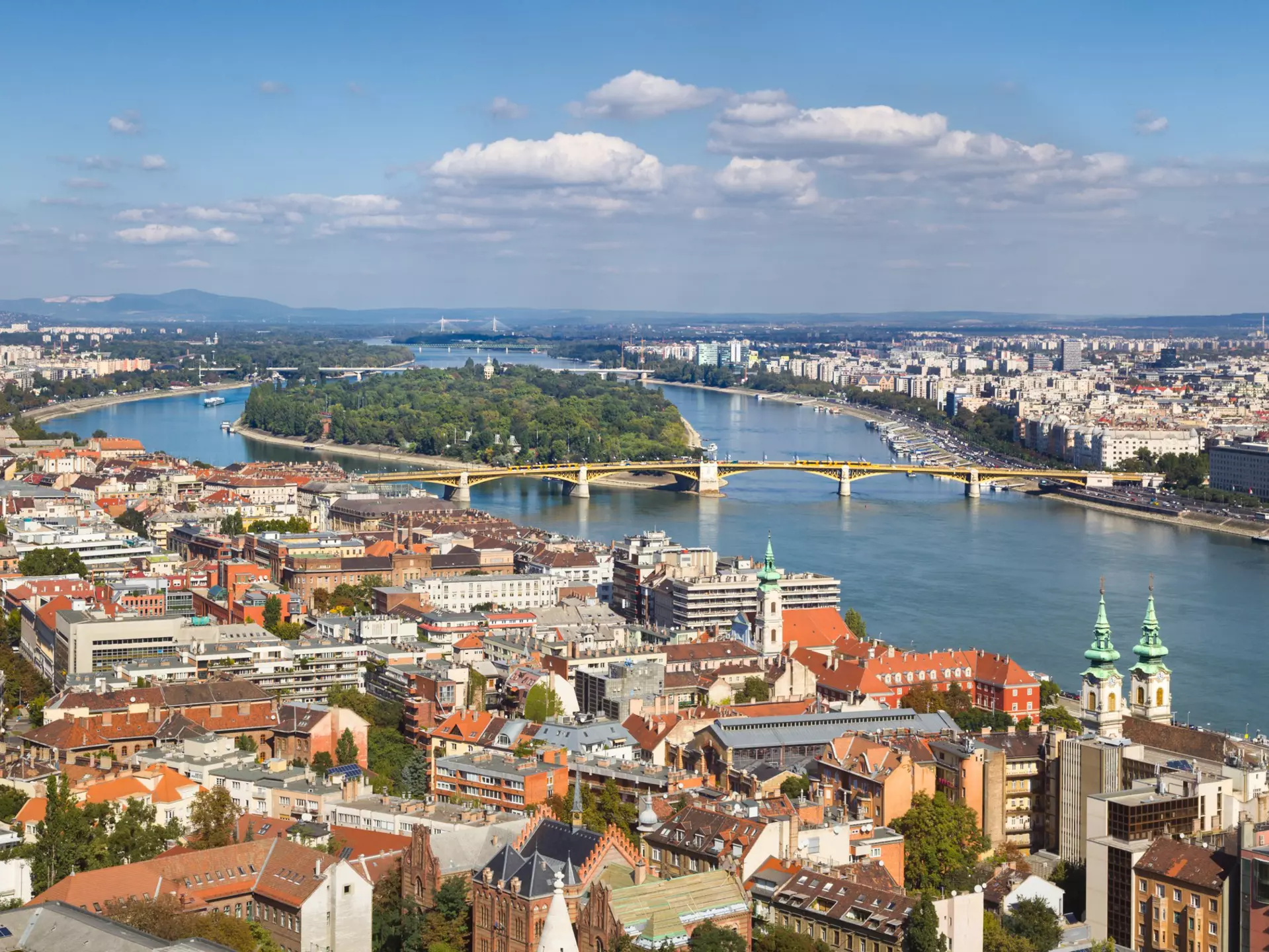 View of Margaret Island and Margaret Bridge from the Top of the Matthias Church Tower in Budapest. Irene Becker Photography/Getty Images