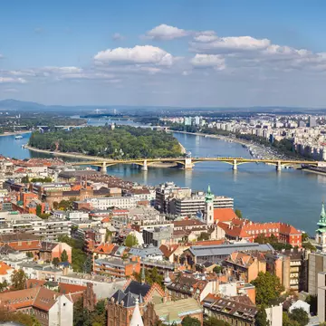 View of Margaret Island and Margaret Bridge from the Top of the Matthias Church Tower in Budapest. Irene Becker Photography/Getty Images