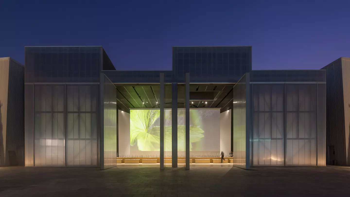 View of Concrete from the Yard, at Alserkal Avenue at blue hour