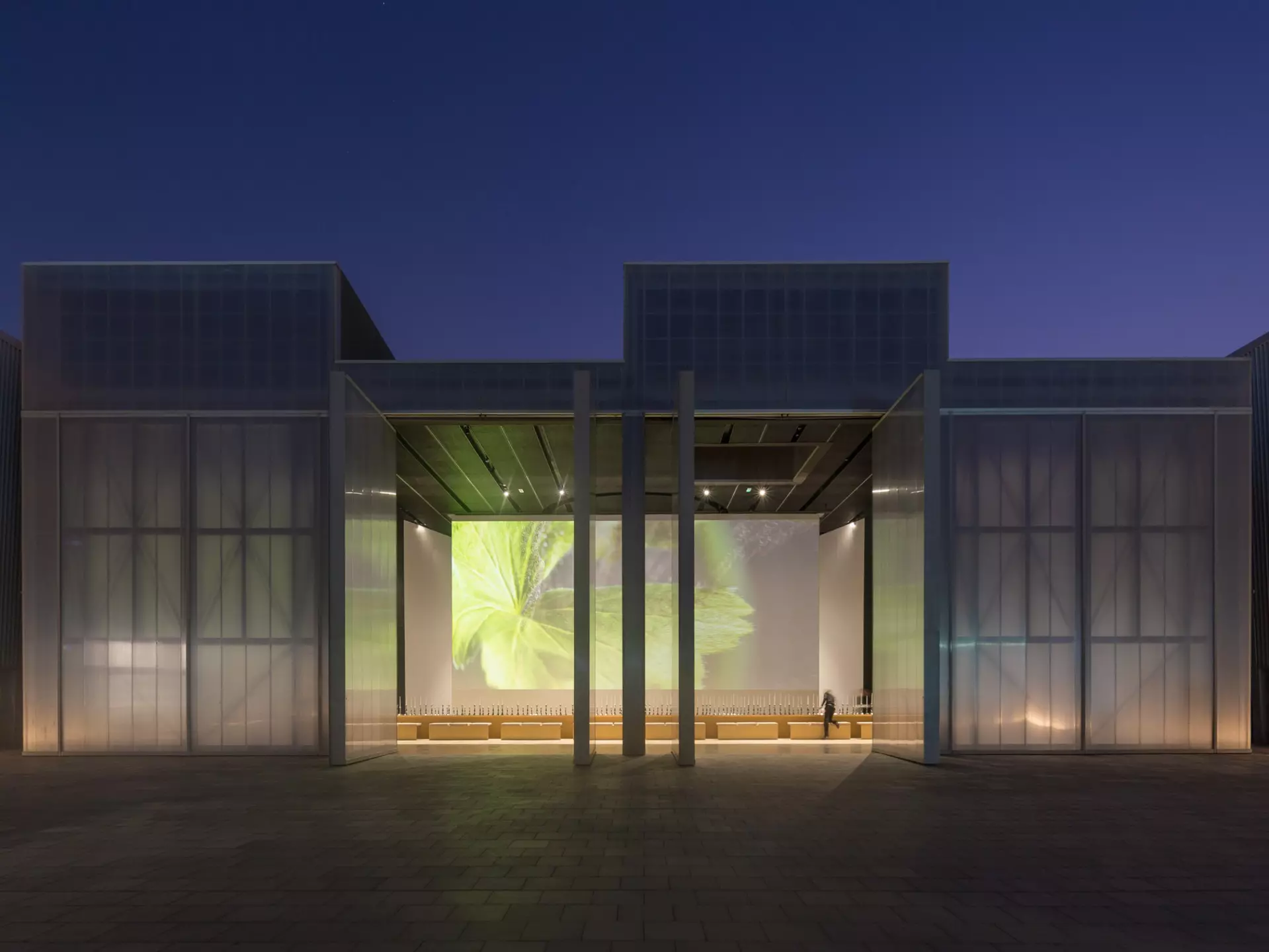 View of Concrete from the Yard, at Alserkal Avenue at blue hour