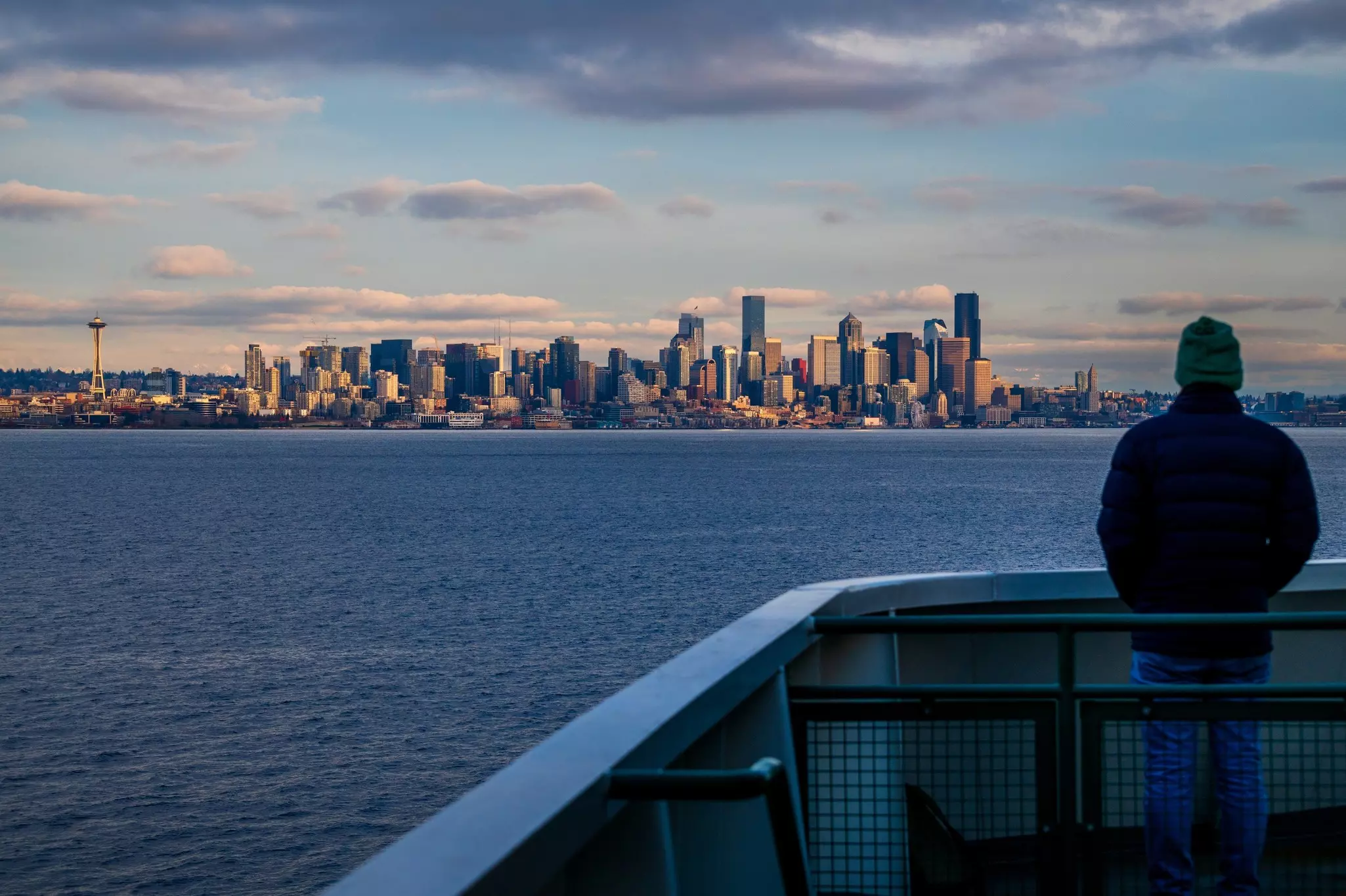Aboard the Washington State Ferry with views of the Seattle Skyline. Traveling from Bainbridge Island to the Coleman Dock across Elliott Bay with spectacular views of the Seattle waterfront.