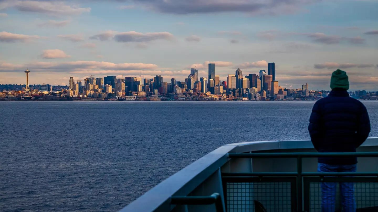 Aboard the Washington State Ferry with views of the Seattle Skyline. Traveling from Bainbridge Island to the Coleman Dock across Elliott Bay with spectacular views of the Seattle waterfront.